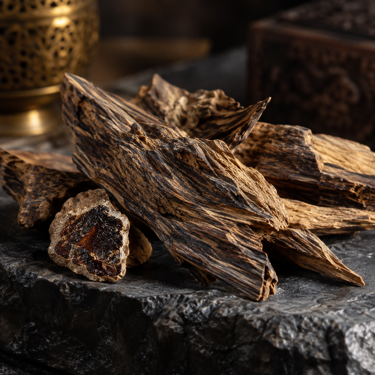 Resinous agarwood pieces